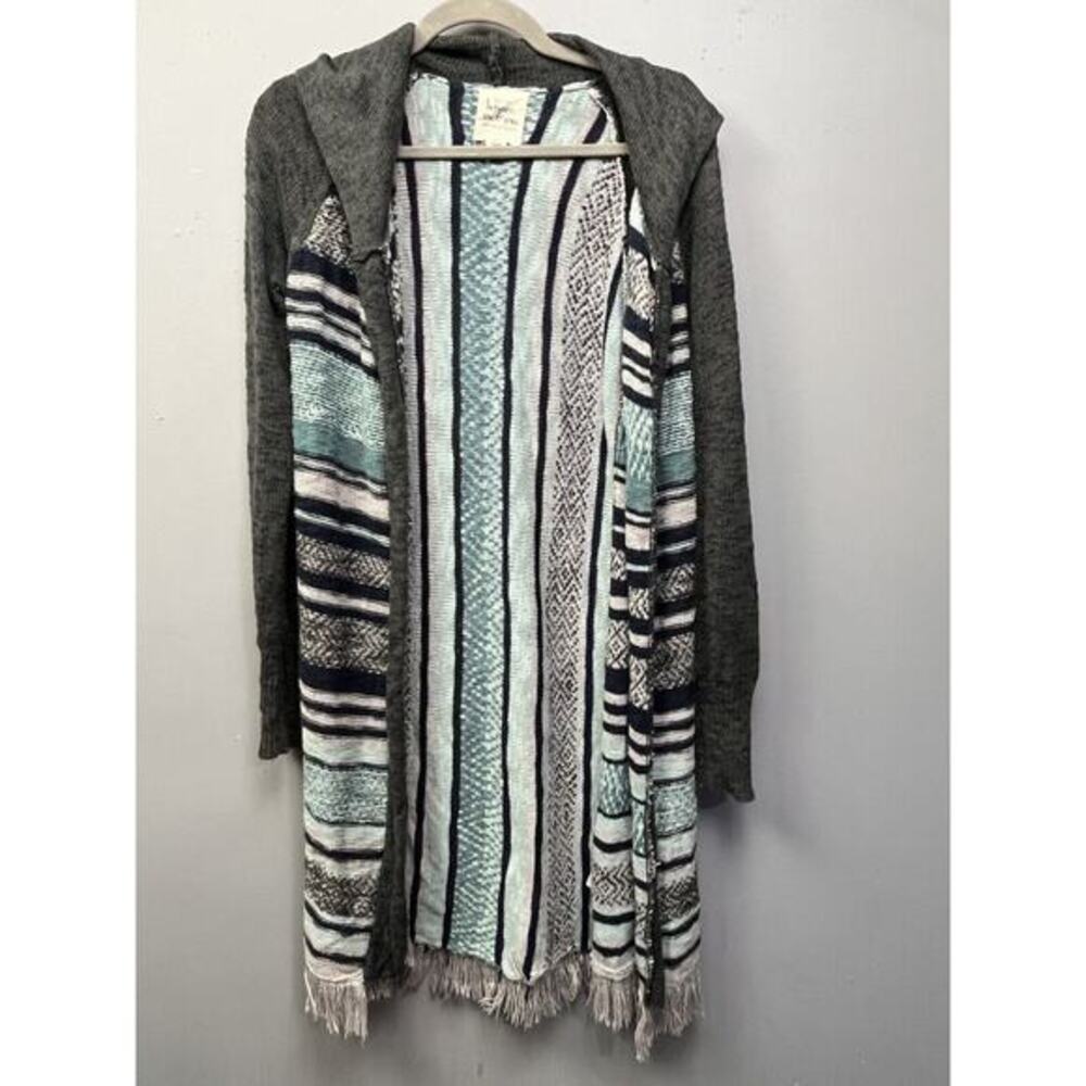 Between Me & You‎ Open front Cardigan Womens Small Fringe Hooded Gray striped